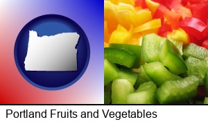 Portland, Oregon - sliced and diced green, red, and yellow peppers