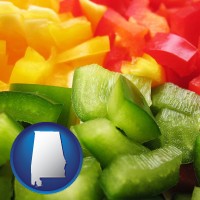 al map icon and sliced and diced green, red, and yellow peppers