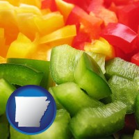 arkansas map icon and sliced and diced green, red, and yellow peppers