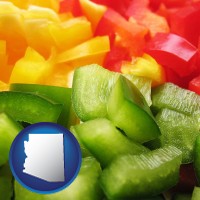 az map icon and sliced and diced green, red, and yellow peppers