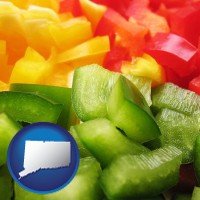 ct map icon and sliced and diced green, red, and yellow peppers