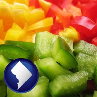 washington-dc map icon and sliced and diced green, red, and yellow peppers