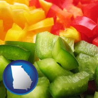 ga map icon and sliced and diced green, red, and yellow peppers