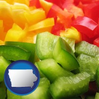 iowa map icon and sliced and diced green, red, and yellow peppers
