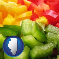 il map icon and sliced and diced green, red, and yellow peppers