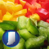 indiana map icon and sliced and diced green, red, and yellow peppers