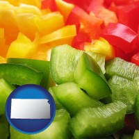 ks map icon and sliced and diced green, red, and yellow peppers
