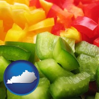 kentucky map icon and sliced and diced green, red, and yellow peppers