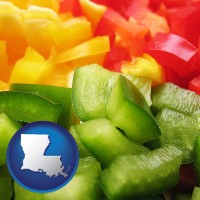 la map icon and sliced and diced green, red, and yellow peppers