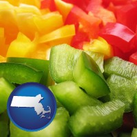 ma map icon and sliced and diced green, red, and yellow peppers