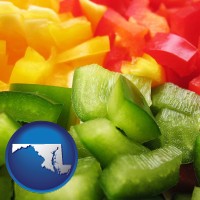 maryland map icon and sliced and diced green, red, and yellow peppers