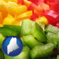 maine map icon and sliced and diced green, red, and yellow peppers
