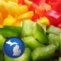 mi map icon and sliced and diced green, red, and yellow peppers