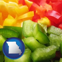 mo map icon and sliced and diced green, red, and yellow peppers