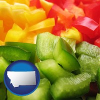 mt map icon and sliced and diced green, red, and yellow peppers