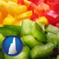 nh map icon and sliced and diced green, red, and yellow peppers