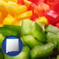 nm map icon and sliced and diced green, red, and yellow peppers