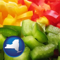 new-york map icon and sliced and diced green, red, and yellow peppers