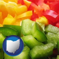ohio map icon and sliced and diced green, red, and yellow peppers
