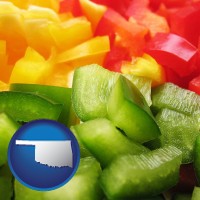 ok map icon and sliced and diced green, red, and yellow peppers
