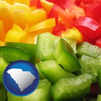 sc map icon and sliced and diced green, red, and yellow peppers