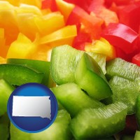 sd map icon and sliced and diced green, red, and yellow peppers