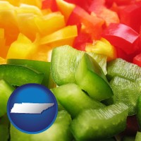 tn map icon and sliced and diced green, red, and yellow peppers