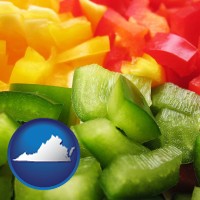 virginia map icon and sliced and diced green, red, and yellow peppers