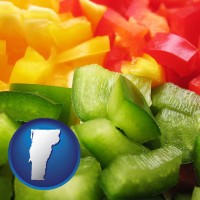vt map icon and sliced and diced green, red, and yellow peppers