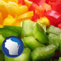 wi map icon and sliced and diced green, red, and yellow peppers