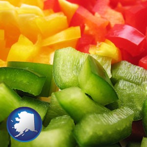 sliced and diced green, red, and yellow peppers - with Alaska icon