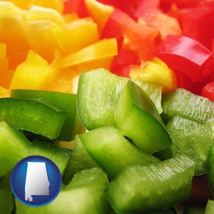 sliced and diced green, red, and yellow peppers - with Alabama icon