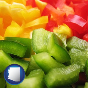 sliced and diced green, red, and yellow peppers - with Arizona icon