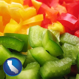 sliced and diced green, red, and yellow peppers - with California icon