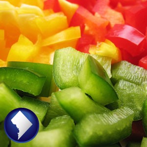 sliced and diced green, red, and yellow peppers - with Washington, DC icon