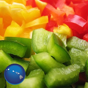 sliced and diced green, red, and yellow peppers - with Hawaii icon