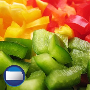 sliced and diced green, red, and yellow peppers - with Kansas icon