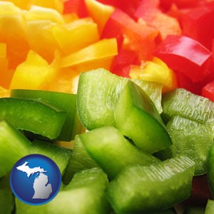 sliced and diced green, red, and yellow peppers - with Michigan icon