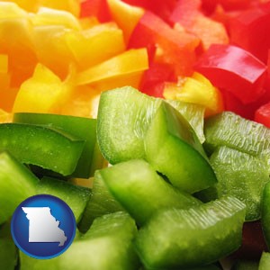 sliced and diced green, red, and yellow peppers - with Missouri icon