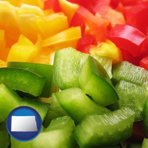 sliced and diced green, red, and yellow peppers - with North Dakota icon