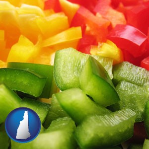 sliced and diced green, red, and yellow peppers - with New Hampshire icon