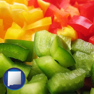 sliced and diced green, red, and yellow peppers - with New Mexico icon