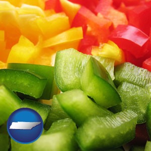 sliced and diced green, red, and yellow peppers - with Tennessee icon