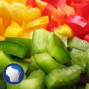 sliced and diced green, red, and yellow peppers - with Wisconsin icon