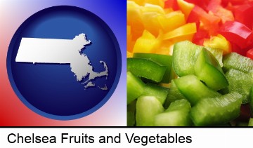 sliced and diced green, red, and yellow peppers in Chelsea, MA